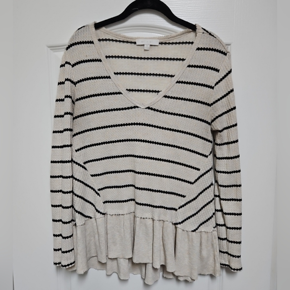 Eri + Ali Anthropologie Striped Peplum Sweater XS Cream Black Textured.